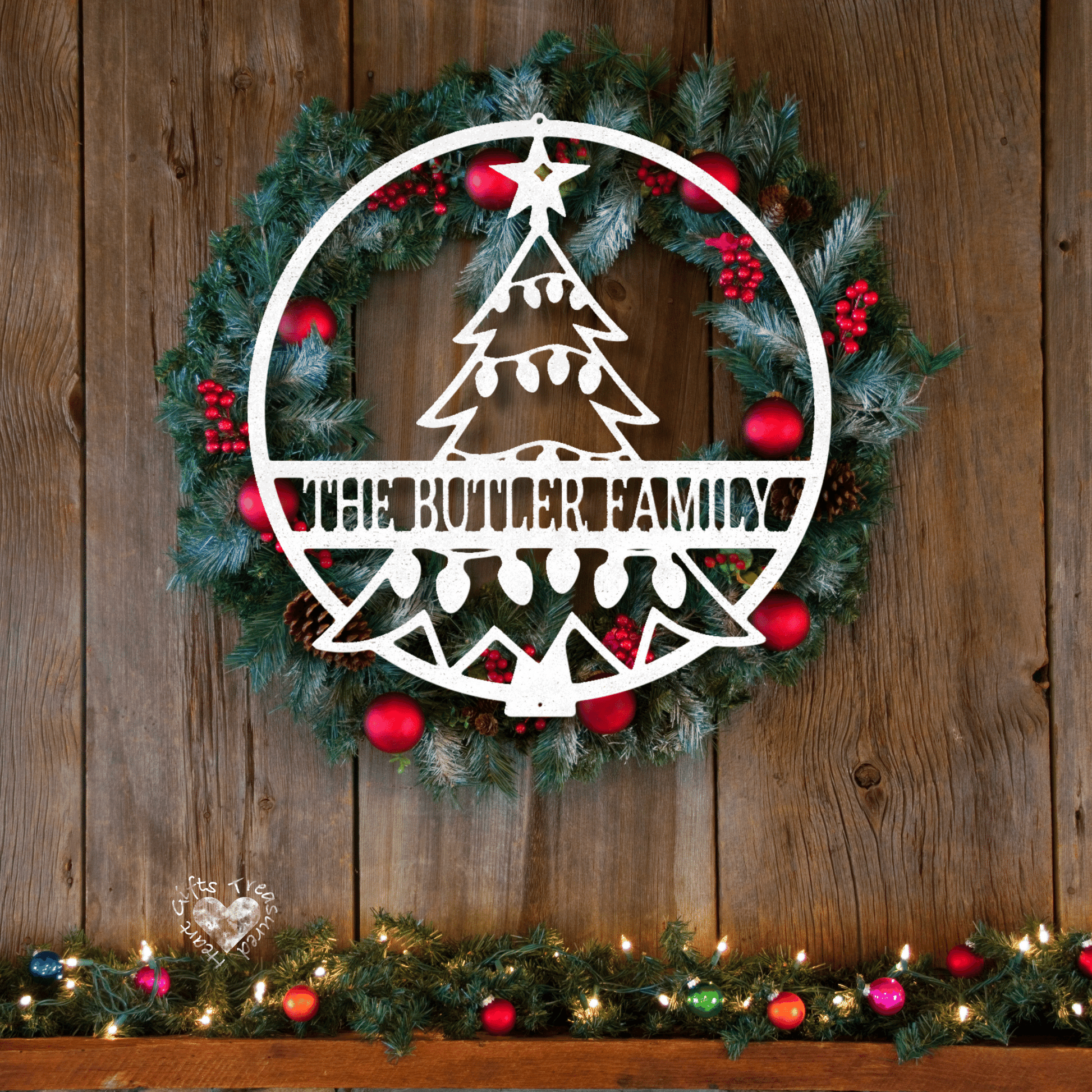 Christmas Tree Metal Name Sign Custom White 12" 