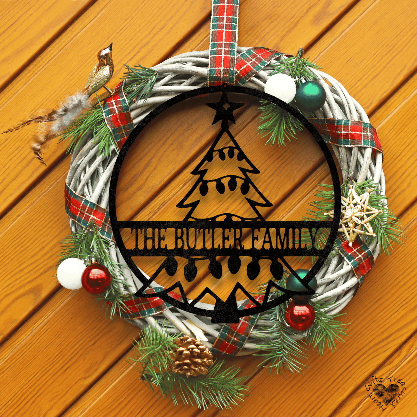 Christmas Tree Metal Name Sign Custom Black 12" 