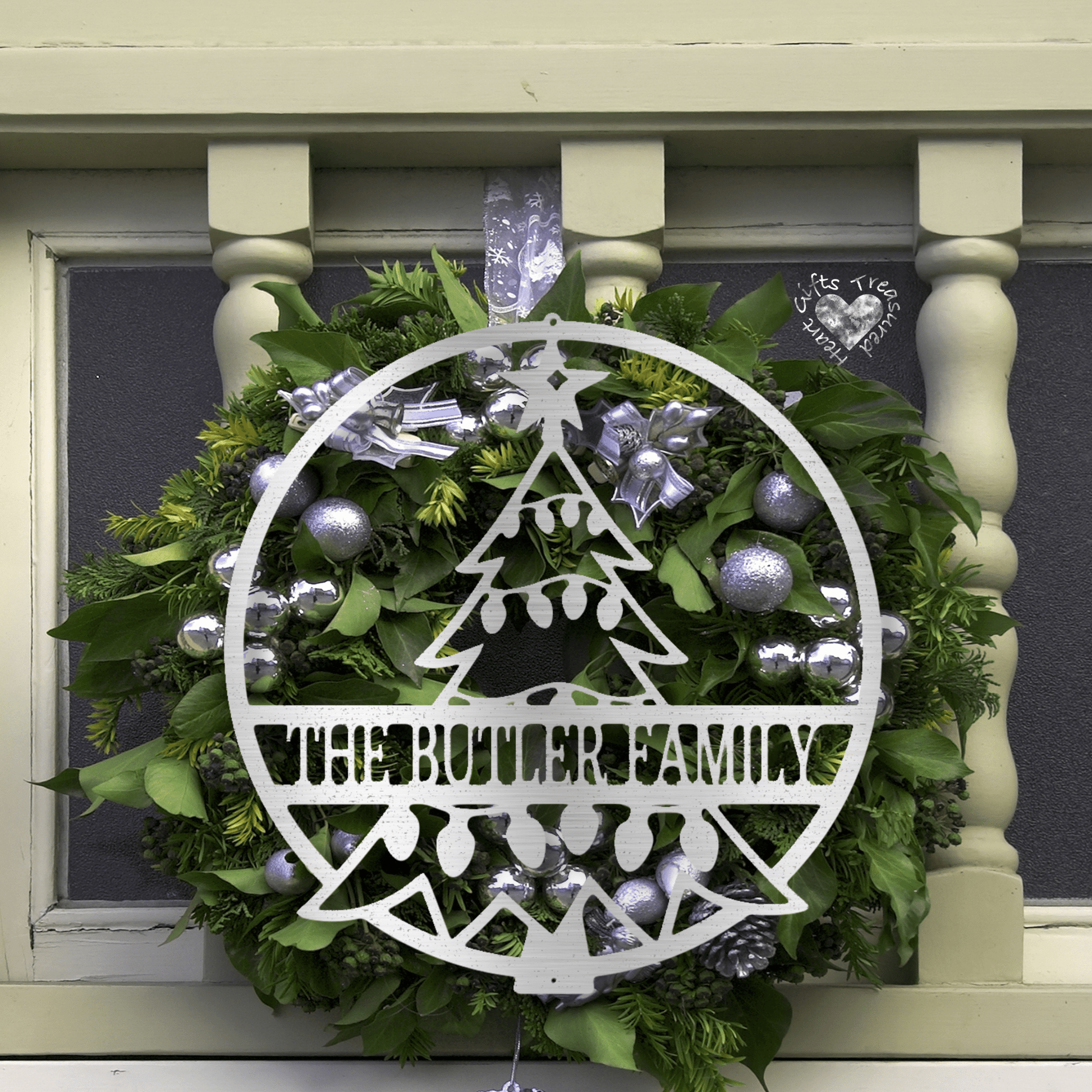 Christmas Tree Metal Name Sign Custom Silver 12" 