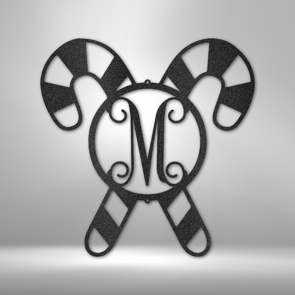 Monogrammed Candy Cane Metal Christmas Sign Christmas Metal Sign Black 12" 