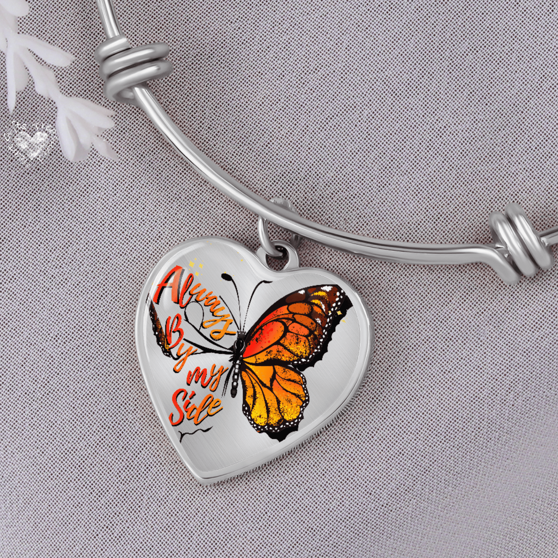 Always By My Side Monarch Butterfly Bangle Custom Heart Pendant Silver Bangle No 