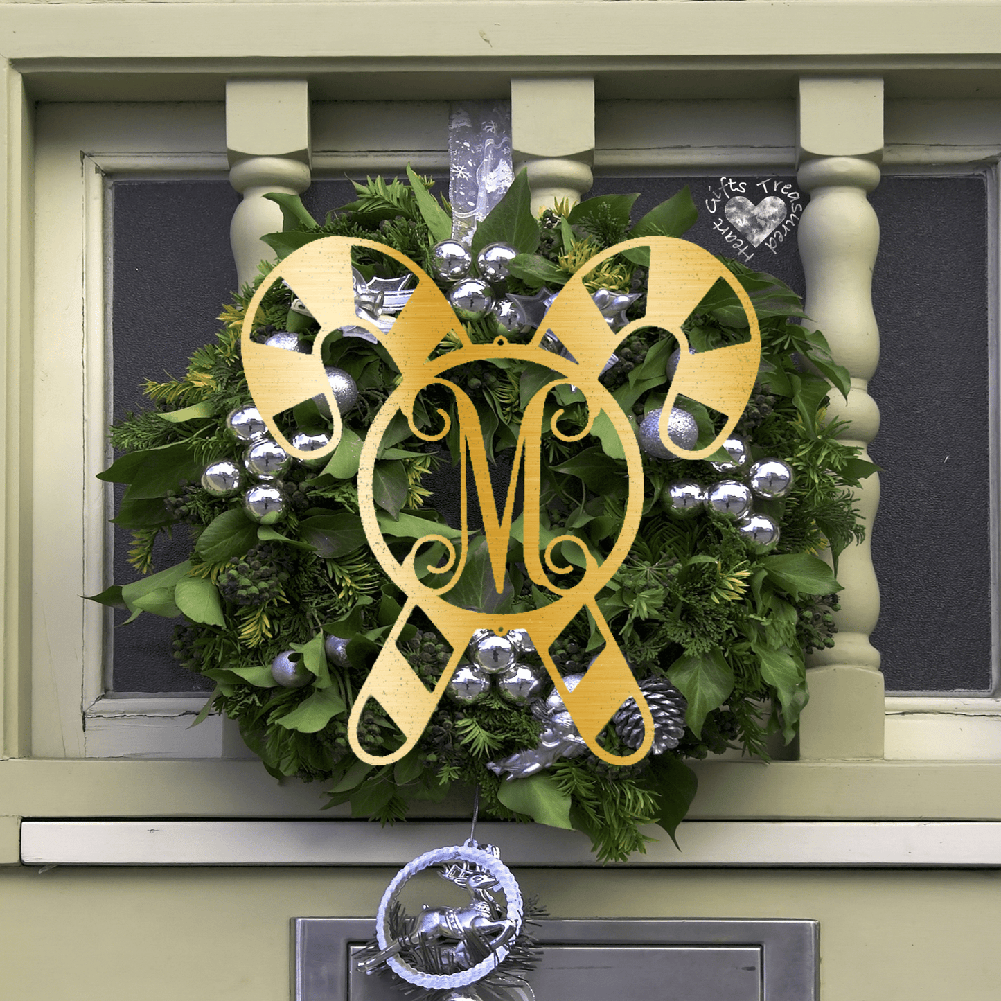 Monogrammed Candy Cane Metal Christmas Sign Christmas Metal Sign Gold 12" 