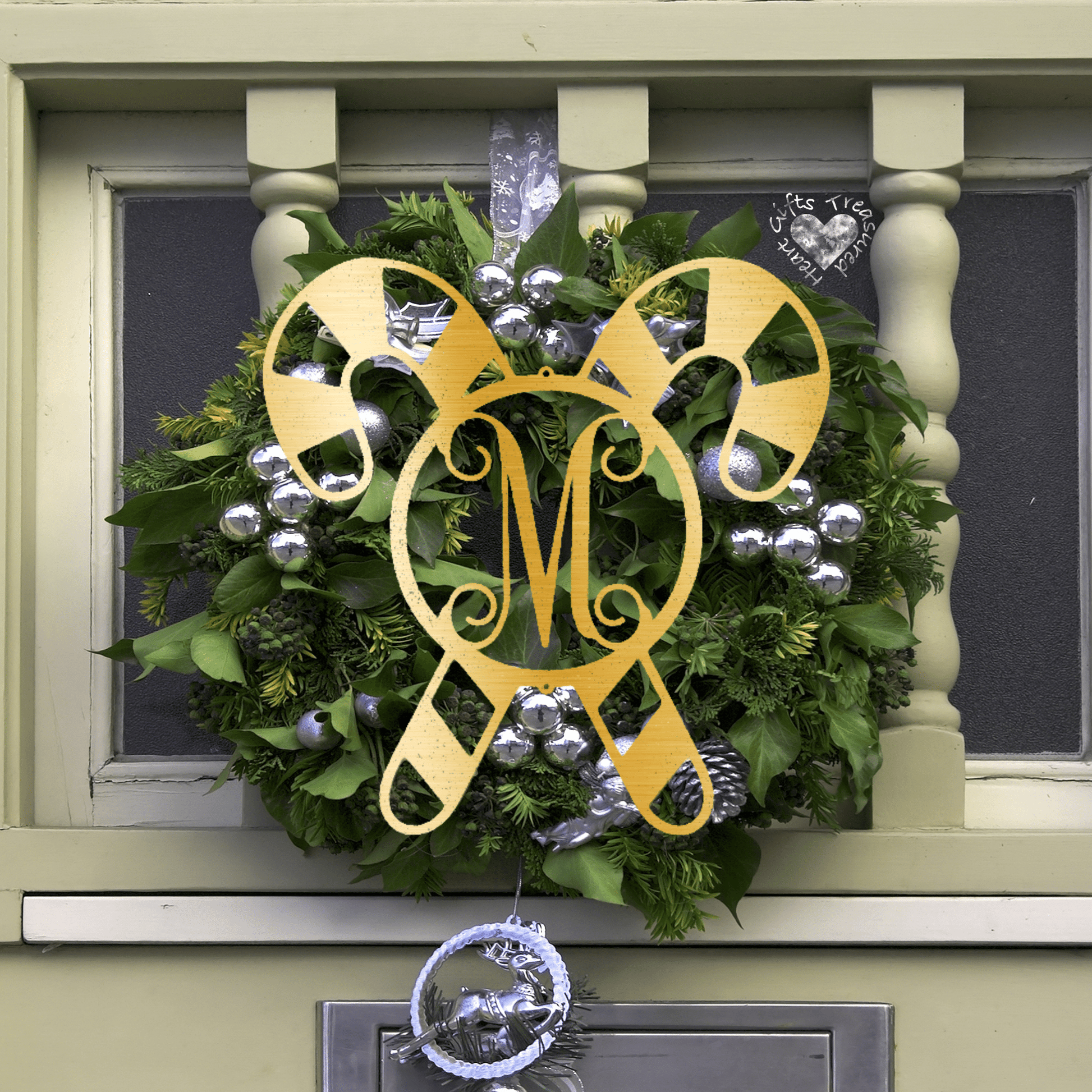 Monogrammed Candy Cane Metal Christmas Sign Christmas Metal Sign Gold 12" 