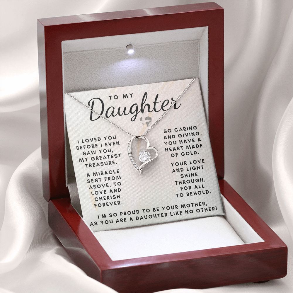 Daughter - Mom's Greatest Treasure - Forever Love Heart Necklace HGF#155FL Jewelry 14k White Gold Finish Luxury Box 