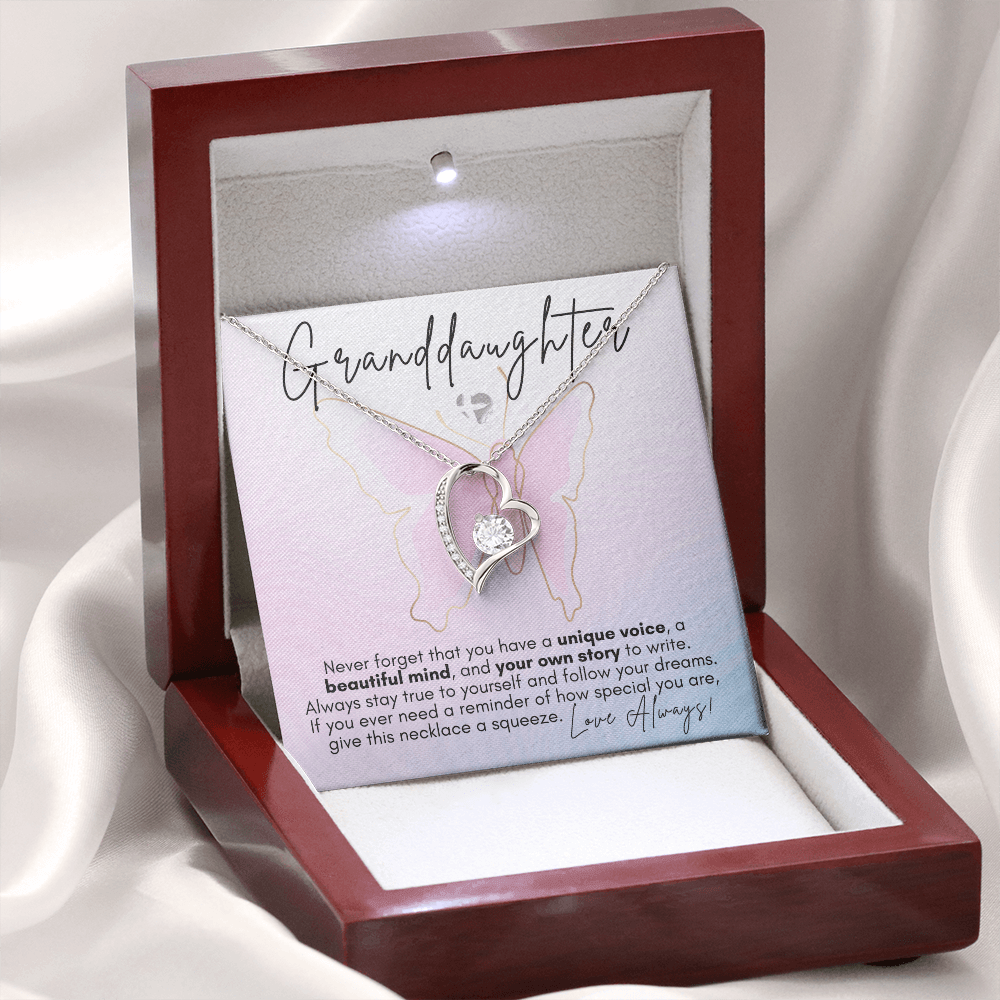 Granddaughter - Butterfly Theme - Forever Love Heart Necklace HGF#131FLb3 Jewelry 14k White Gold Finish Luxury Box 