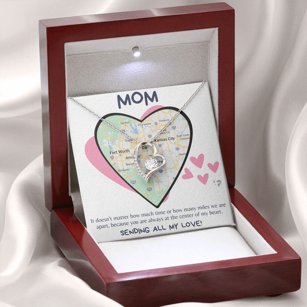 HGF#256FL Mom - Love Across The Miles Forever Love Heart Necklace Jewelry 14k White Gold Finish Luxury Box 