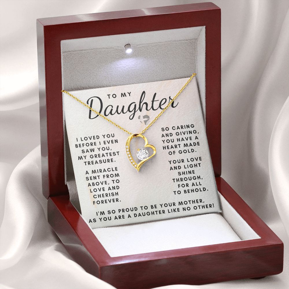 Daughter - Mom's Greatest Treasure - Forever Love Heart Necklace HGF#155FL Jewelry 18k Yellow Gold Finish Luxury Box 