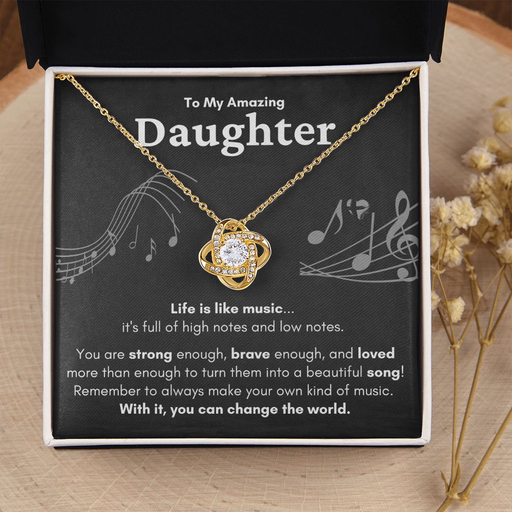 HGF#224LKa Daughter Necklace - Life Is Like Music dark Love Knot S&G Jewelry 18K Yellow Gold Finish Standard Box 