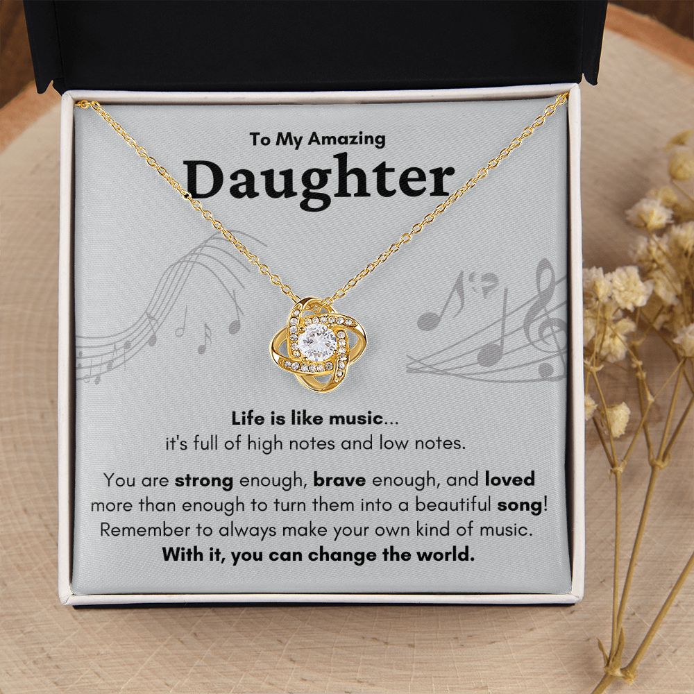 HGF#224LKb Amazing Daughter Necklace - Life Is Like Music Gray Love Knot S&G Jewelry 18K Yellow Gold Finish Standard Box 