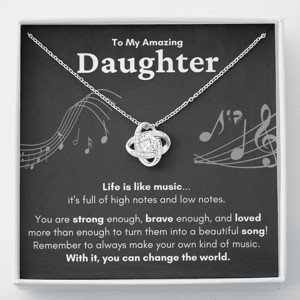 HGF#224LKa Daughter Necklace - Life Is Like Music dark Love Knot S&G Jewelry 14K White Gold Finish Standard Box 