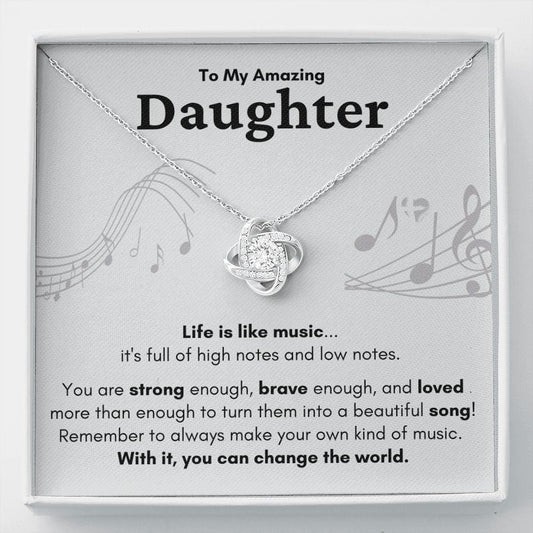 HGF#224LKb Amazing Daughter Necklace - Life Is Like Music Gray Love Knot S&G Jewelry 14K White Gold Finish Standard Box 