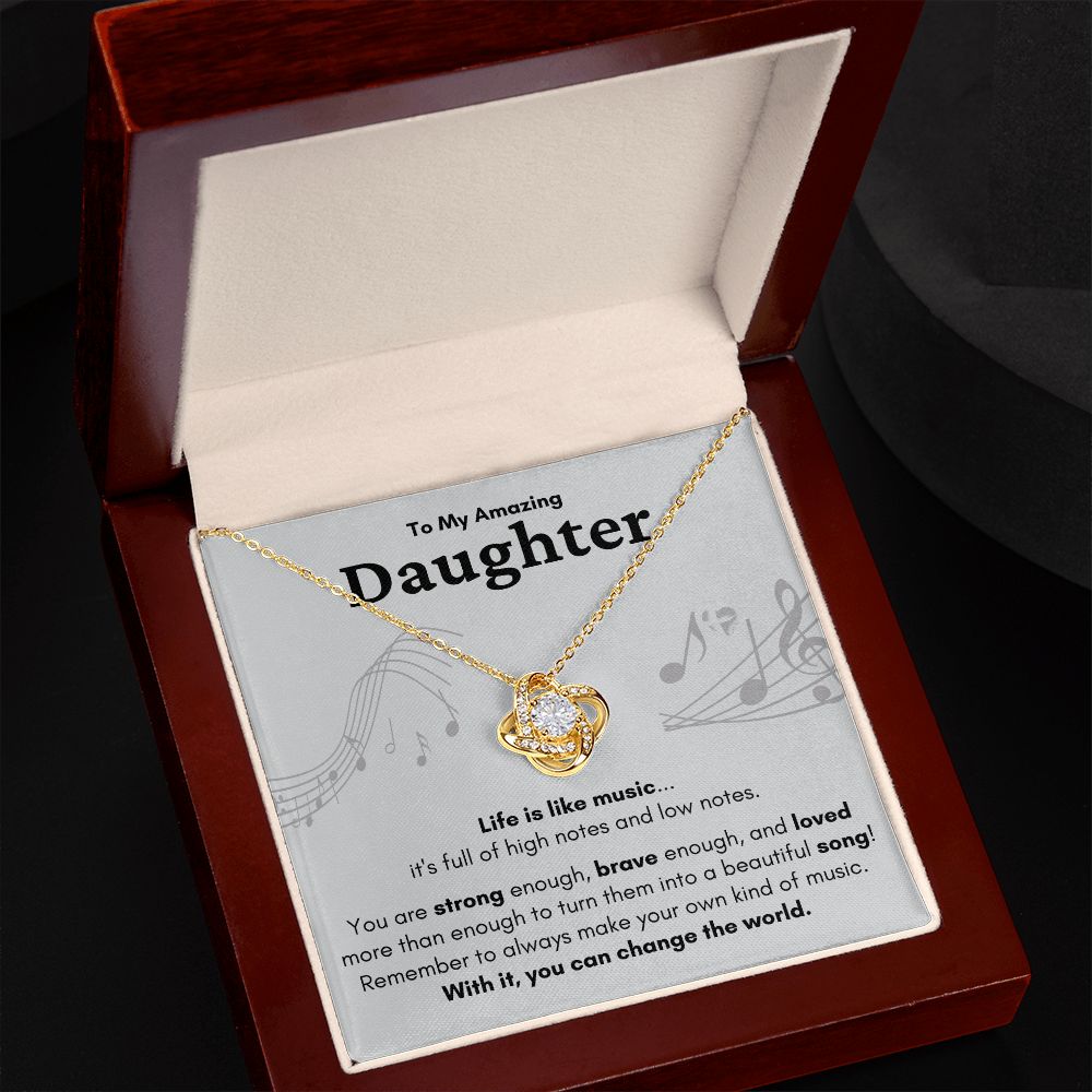 HGF#224LKb Amazing Daughter Necklace - Life Is Like Music Gray Love Knot S&G Jewelry 18K Yellow Gold Finish Luxury Box 