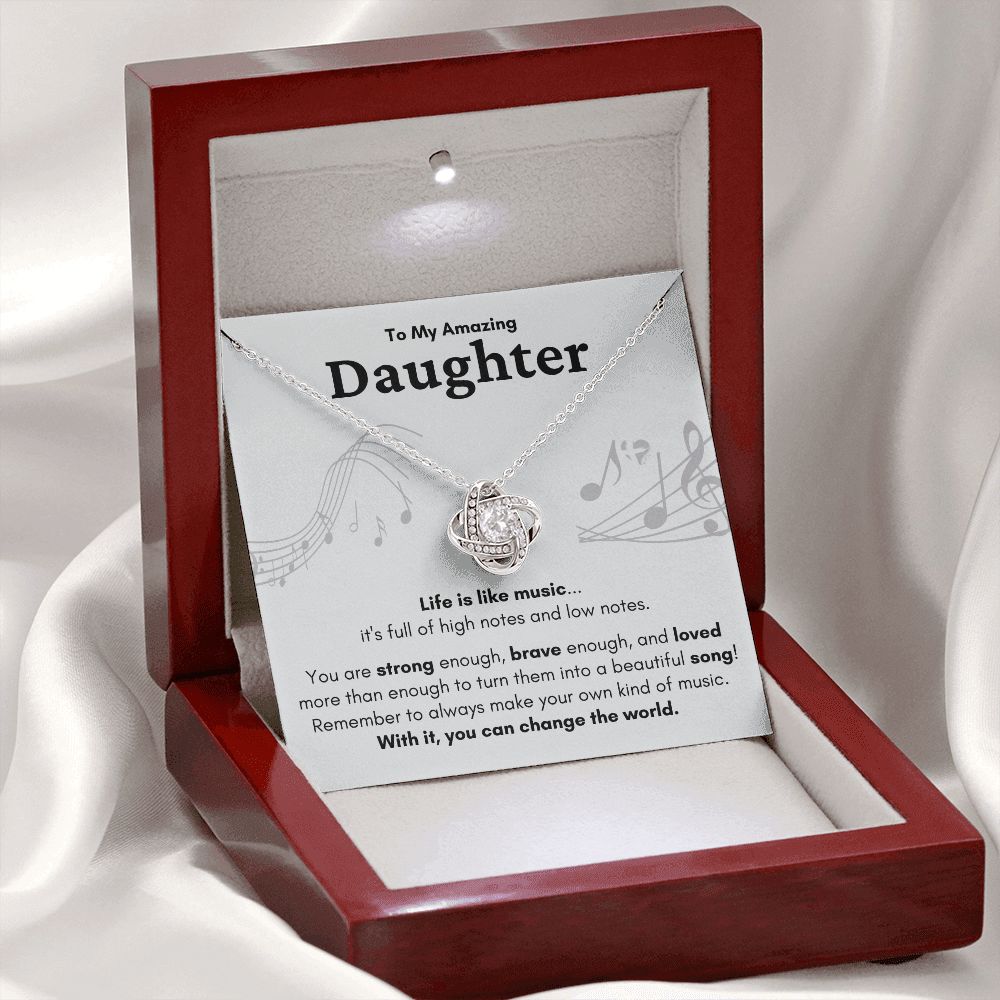 HGF#224LKb Amazing Daughter Necklace - Life Is Like Music Gray Love Knot S&G Jewelry 