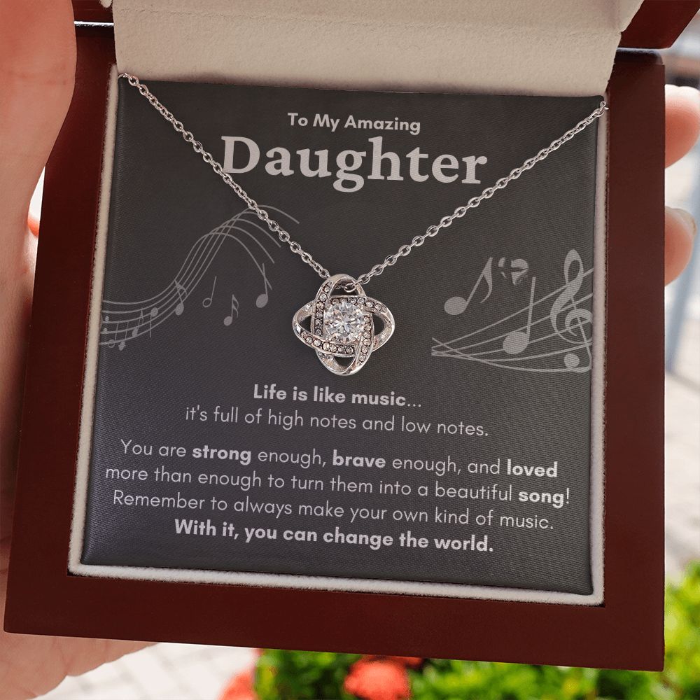 HGF#224LKa Daughter Necklace - Life Is Like Music dark Love Knot S&G Jewelry 14K White Gold Finish Luxury Box 