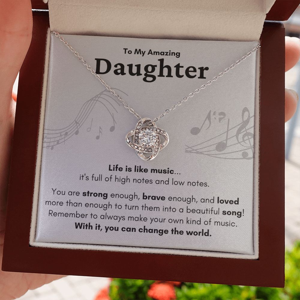 HGF#224LKb Amazing Daughter Necklace - Life Is Like Music Gray Love Knot S&G Jewelry 14K White Gold Finish Luxury Box 