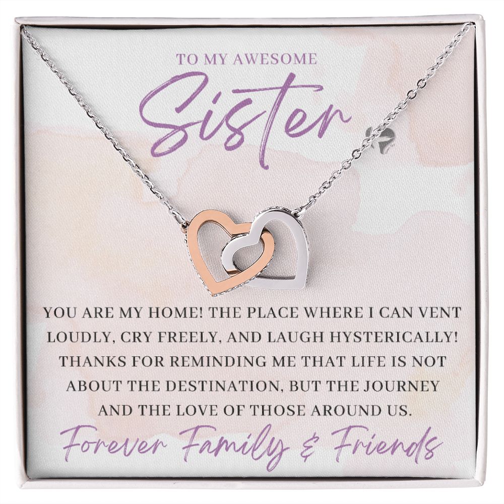 Awesome Sister - You Are My Home - Interlocking Hearts HGF#180IH Jewelry Polished Stainless Steel & Rose Gold Finish Standard Box 