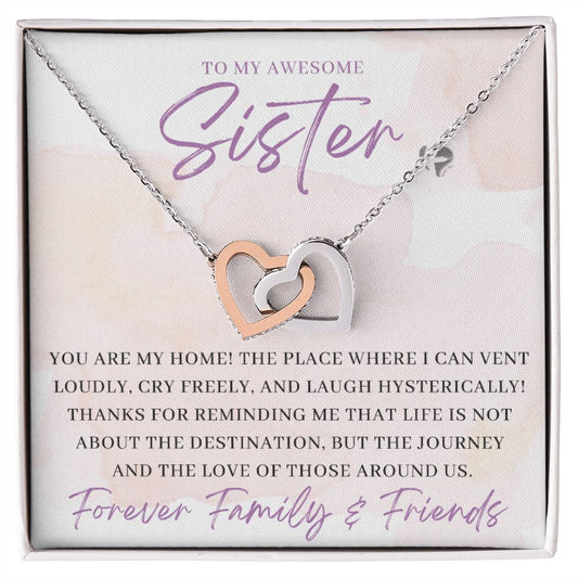 Awesome Sister - You Are My Home - Interlocking Hearts HGF#180IH Jewelry Polished Stainless Steel & Rose Gold Finish Standard Box 