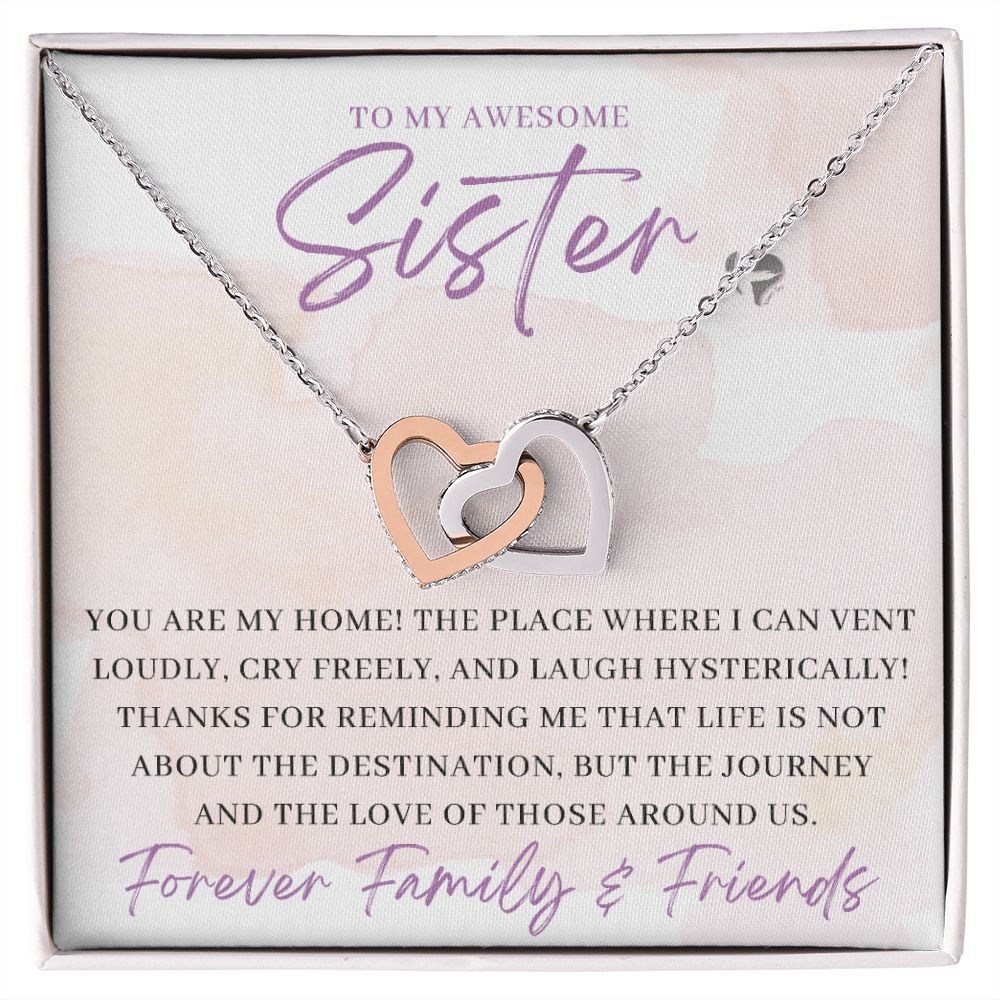 Awesome Sister - You Are My Home - Interlocking Hearts HGF#180IH Jewelry Polished Stainless Steel & Rose Gold Finish Standard Box 