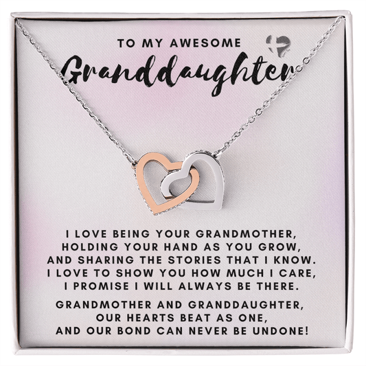Granddaughter - Our Bond Never Undone - Interlocking Hearts S&G HGF#130IH Jewelry Polished Stainless Steel & Rose Gold Finish Standard Box 