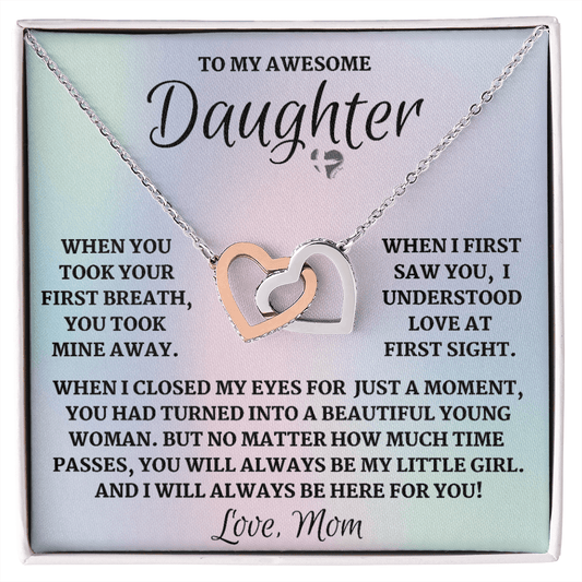 Daughter From Mom - Love at First Sight - Interlocking Hearts S&G HGF#103FL Jewelry Polished Stainless Steel & Rose Gold Finish Standard Box 