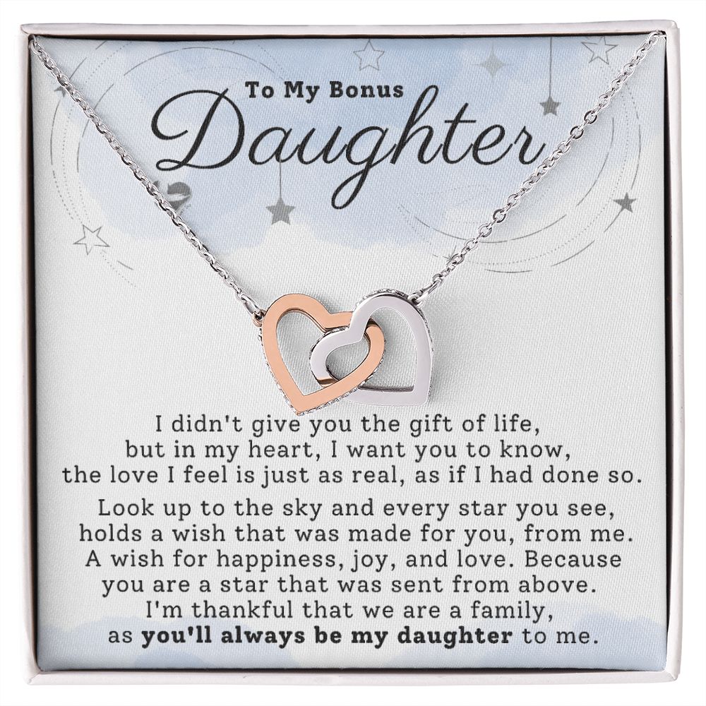 Bonus Daughter - My Love Is Real - Interlocking Hearts HGF#198IH Jewelry Polished Stainless Steel & Rose Gold Finish Standard Box 