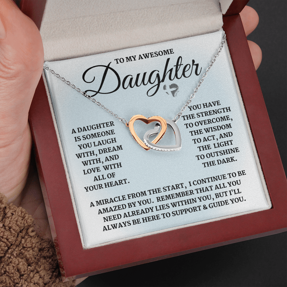 Daughter - Laugh, Dream, Love - Interlock Hearts S&G HGF#124IHb3 Jewelry Polished Stainless Steel & Rose Gold Finish Luxury Box 