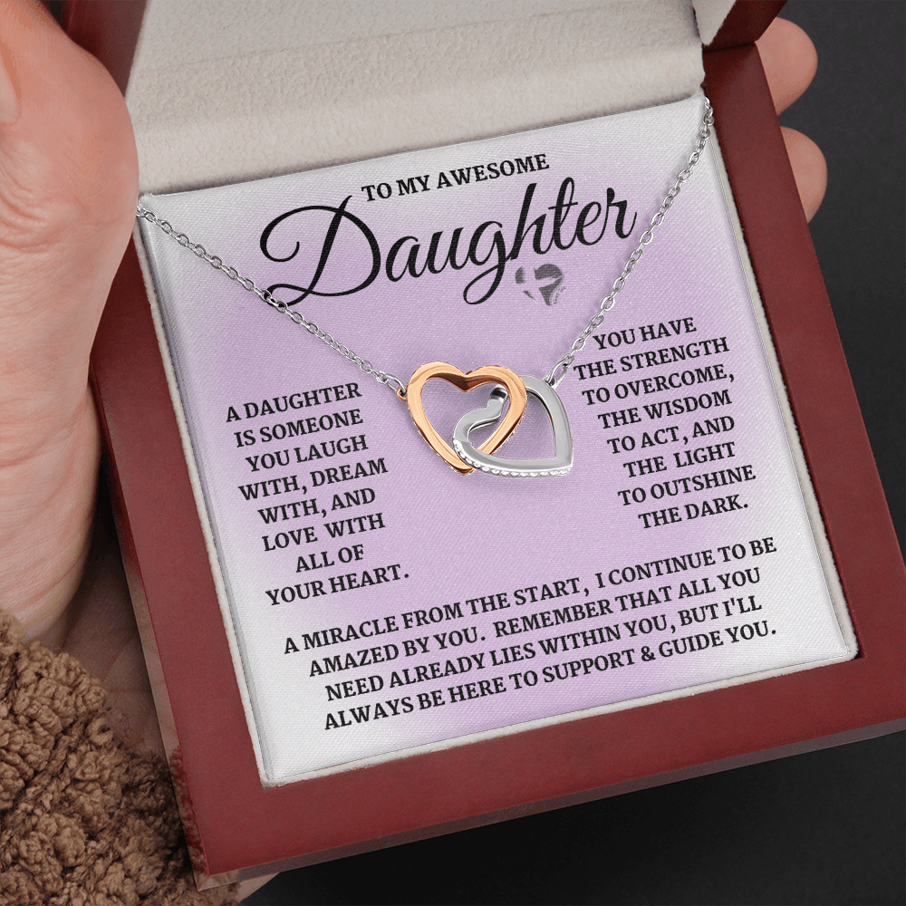 Daughter - Laugh, Dream, Love - Interlocking Hearts S&G HGF#124IHb2 Jewelry Polished Stainless Steel & Rose Gold Finish Luxury Box 