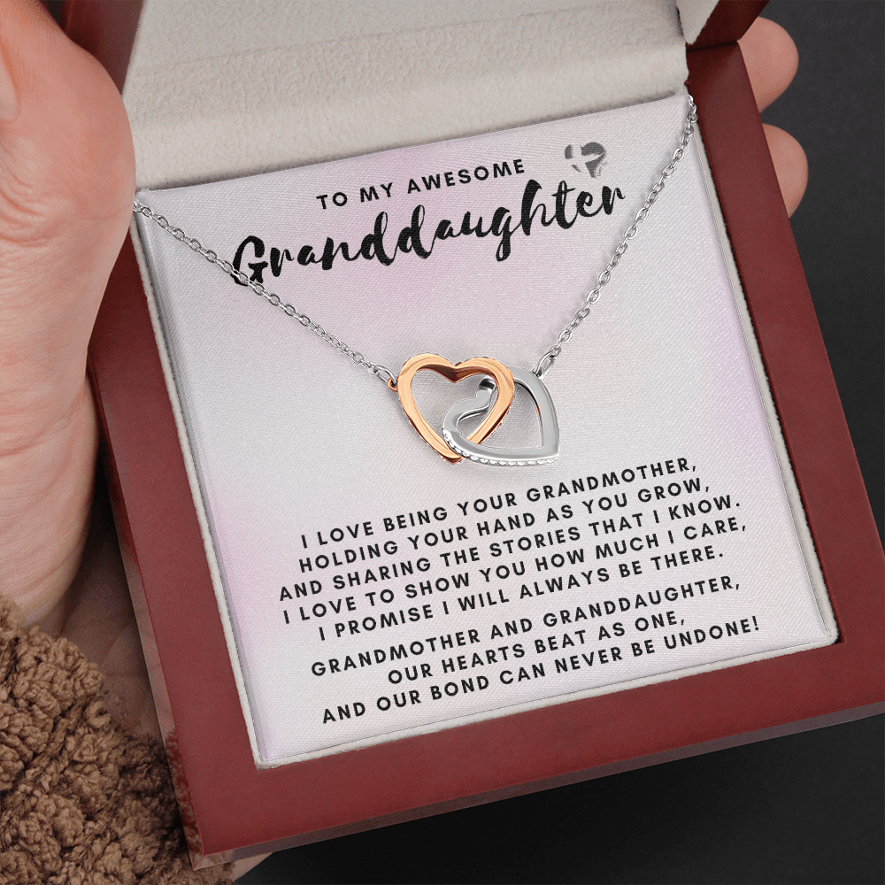 Granddaughter - Our Bond Never Undone - Interlocking Hearts S&G HGF#130IH Jewelry Polished Stainless Steel & Rose Gold Finish Luxury Box 