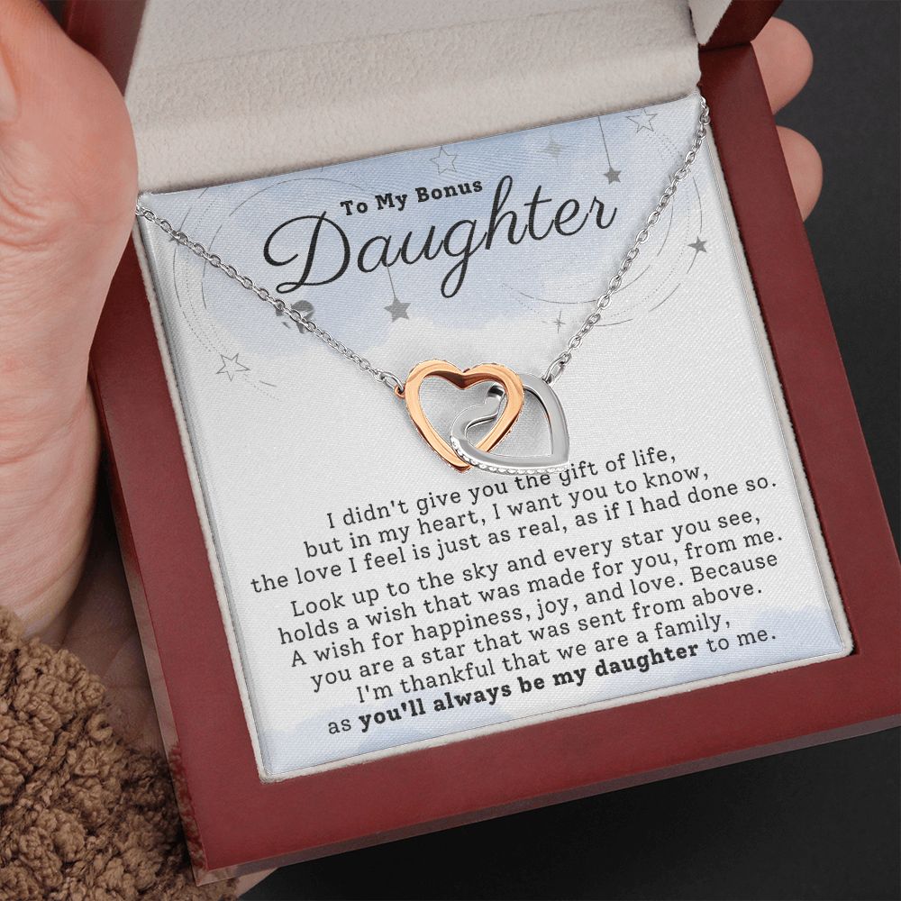 Bonus Daughter - My Love Is Real - Interlocking Hearts HGF#198IH Jewelry Polished Stainless Steel & Rose Gold Finish Luxury Box 