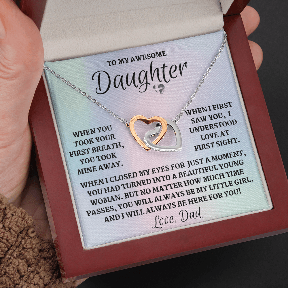 Daughter From Dad - Love at First Sight - Interlocking Hearts S&G HGF#104FL Jewelry Polished Stainless Steel & Rose Gold Finish Luxury Box 