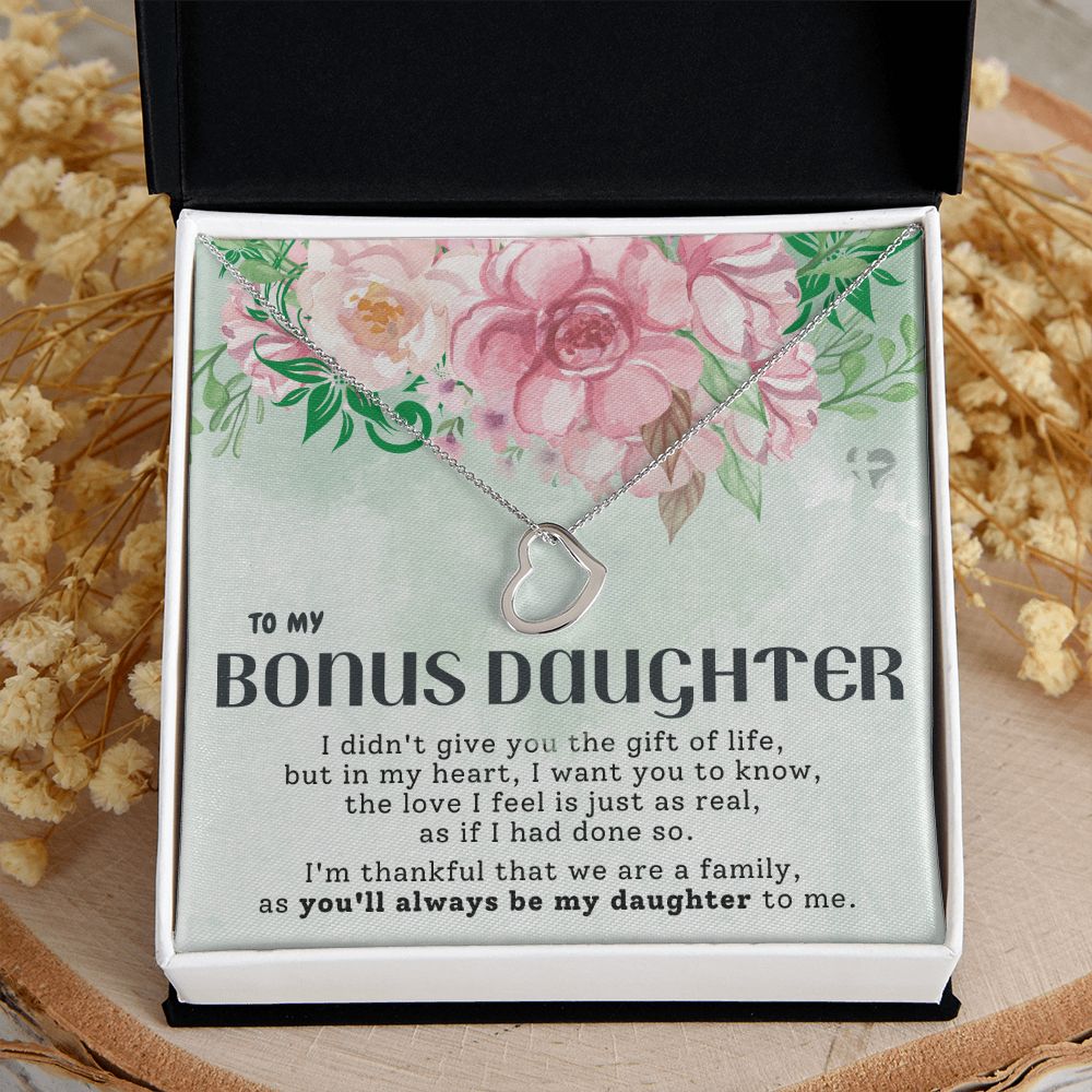 Bonus Daughter - The Gift of Family - Delicate Heart Necklace HGF#200DH Jewelry 14K White Gold Finish Standard Box 