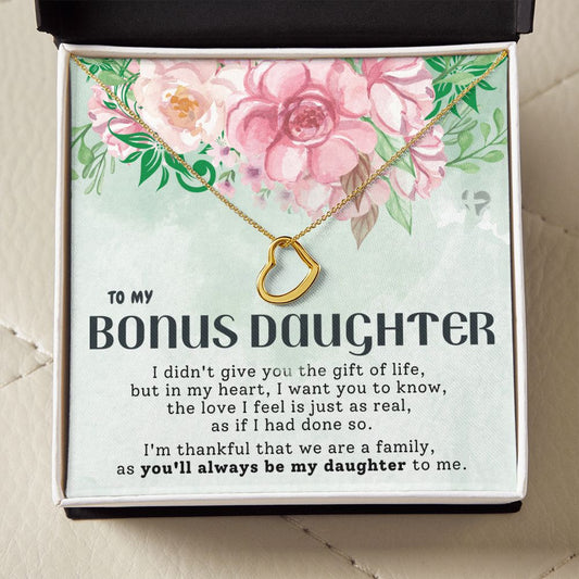 Bonus Daughter - The Gift of Family - Delicate Heart Necklace HGF#200DH Jewelry 18k Yellow Gold Finish Standard Box 
