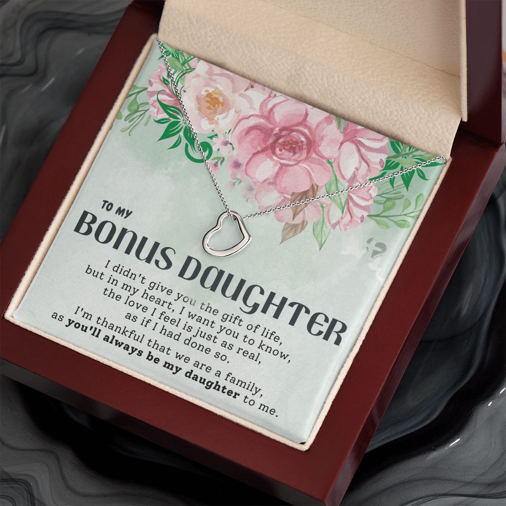 Bonus Daughter - The Gift of Family - Delicate Heart Necklace HGF#200DH Jewelry 14K White Gold Finish Luxury Box 