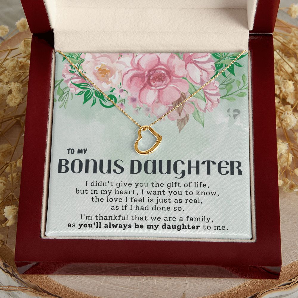 Bonus Daughter - The Gift of Family - Delicate Heart Necklace HGF#200DH Jewelry 18k Yellow Gold Finish Luxury Box 