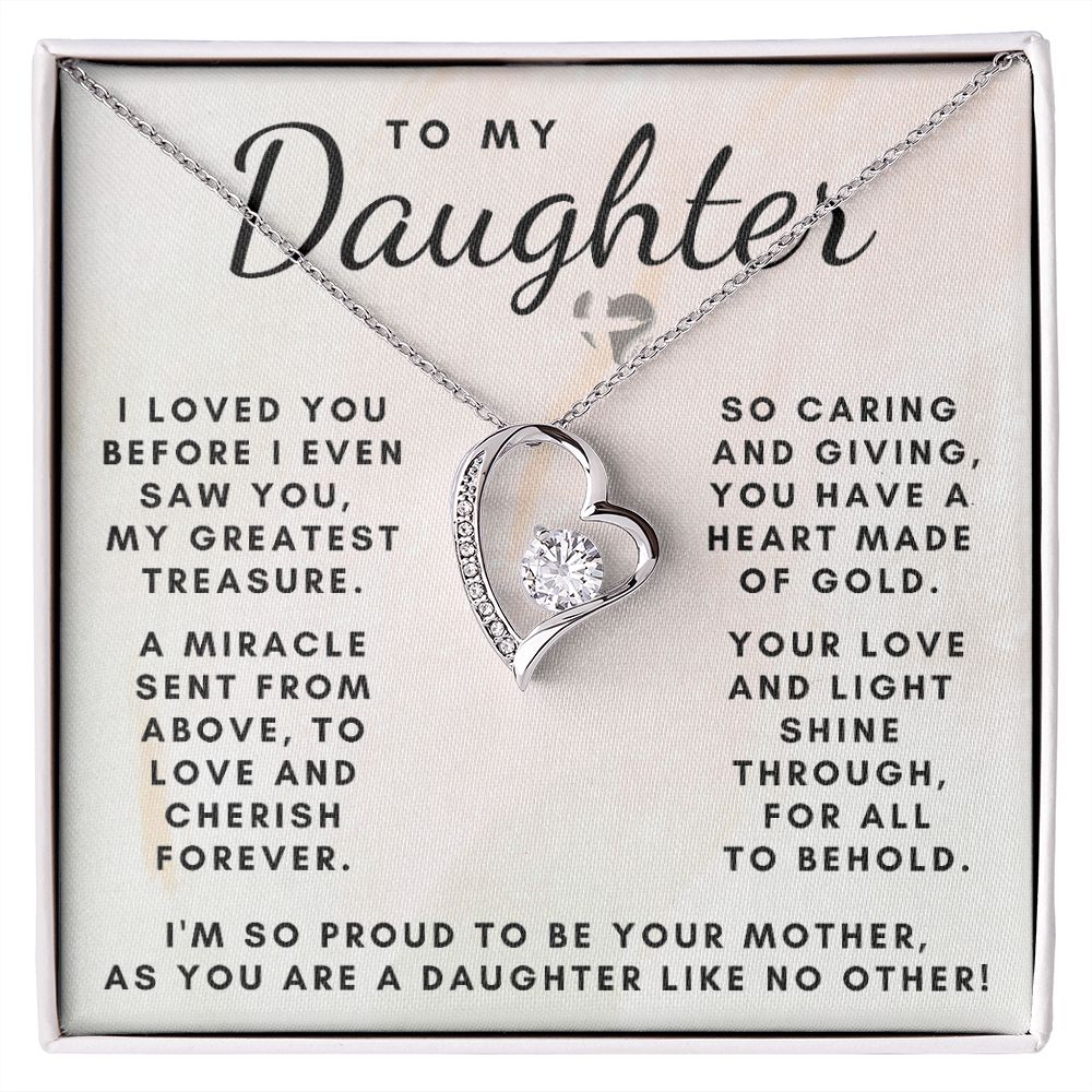 Daughter - Mom's Greatest Treasure - Forever Love Heart Necklace HGF#155FL Jewelry 14k White Gold Finish Standard Box 