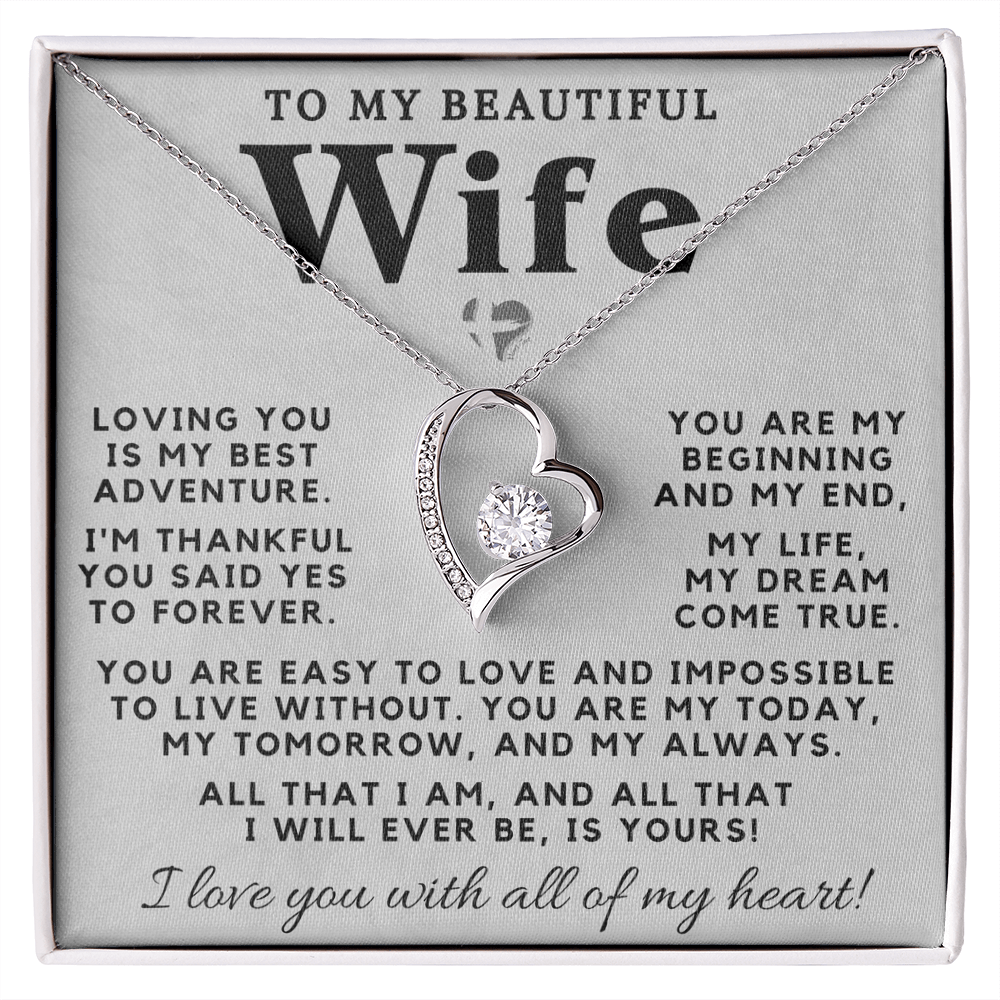 My Wife - My Best Adventure - Forever Love Heart Necklace HGF#98FLb Jewelry 14k White Gold Finish Standard Box 