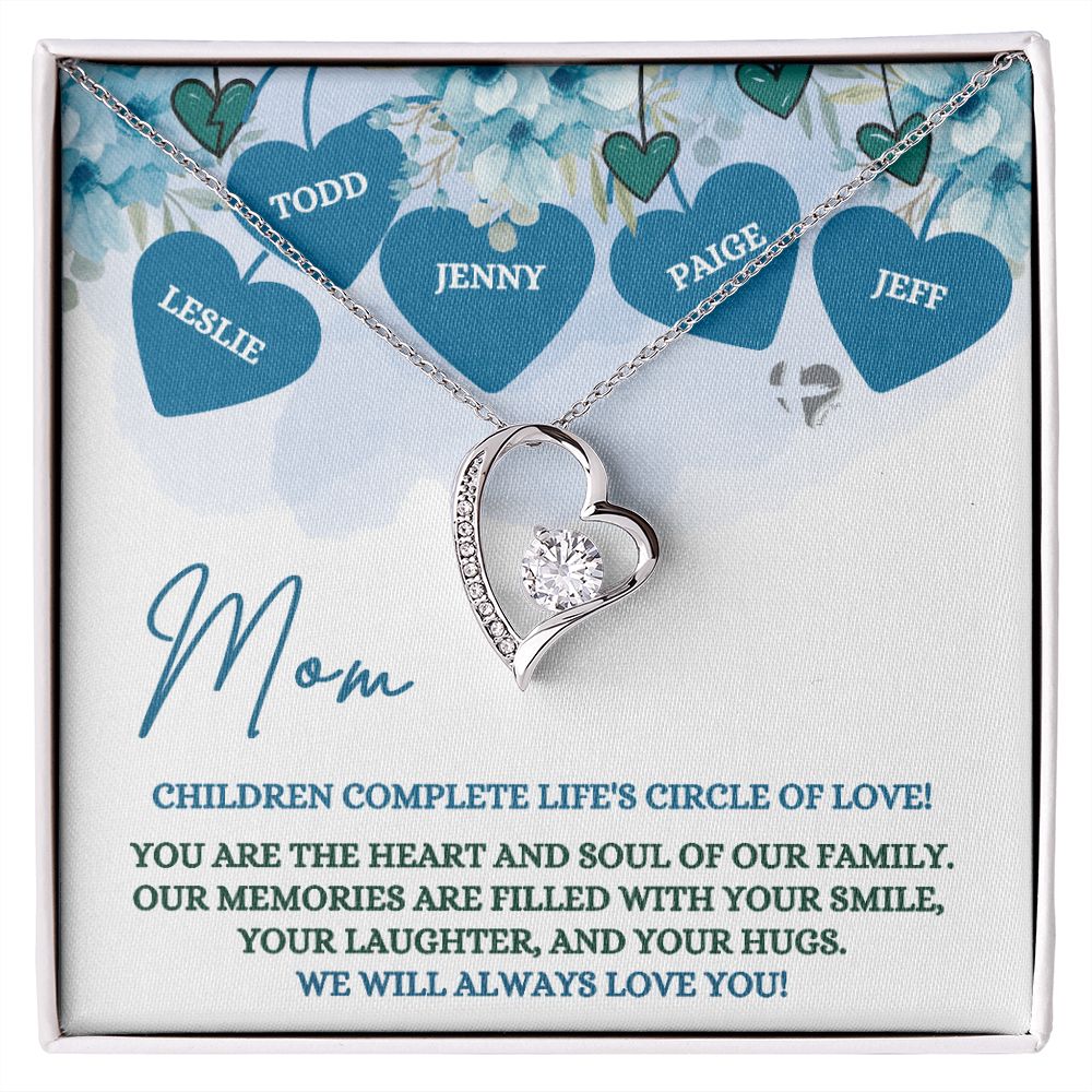 Mom's Circle of Love - Personalized - Forever Heart Necklace HGF#173LK Jewelry 14k White Gold Finish Standard Box 