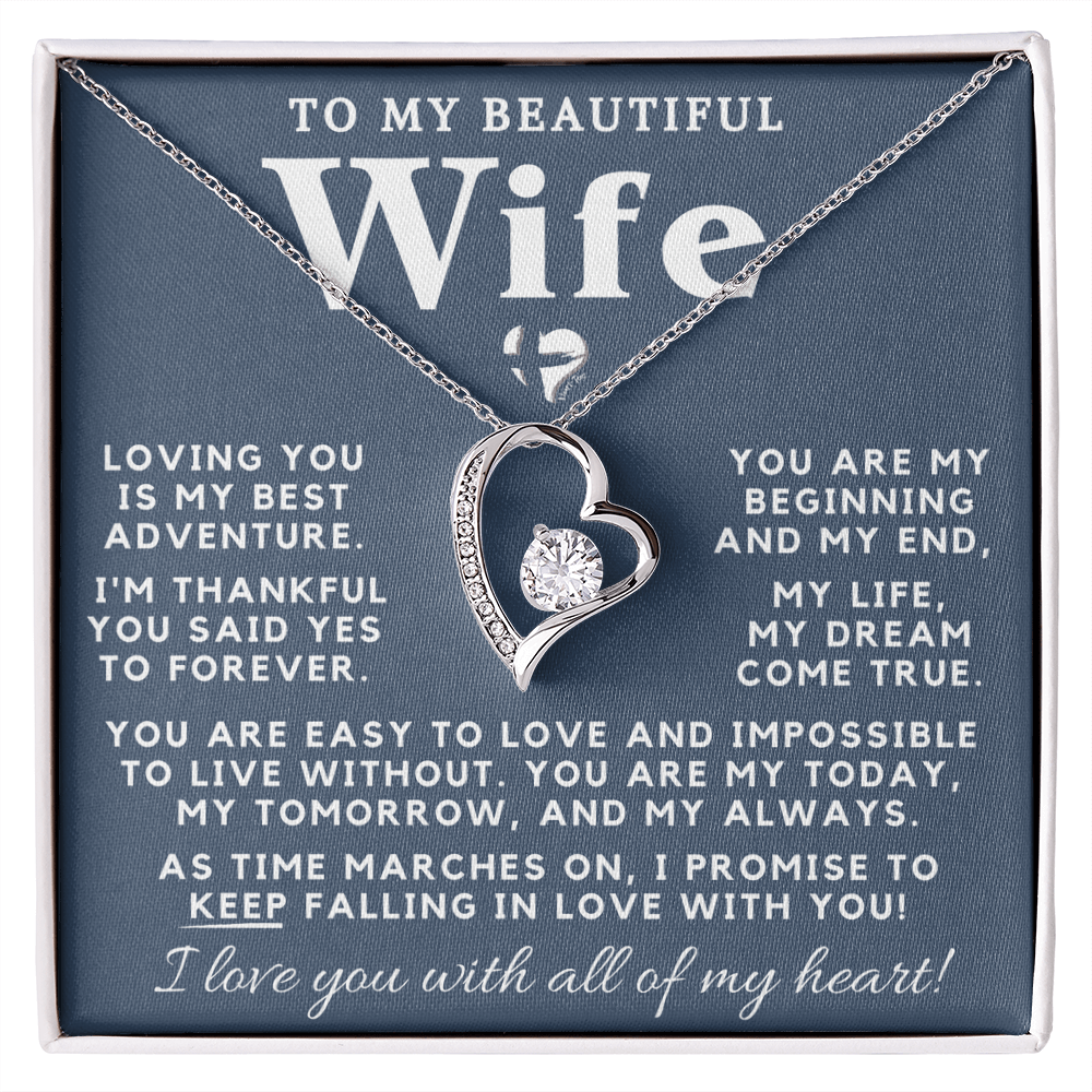 Wife - My Dream Come True - Forever Love Heart Necklace HGF#98FLcb-2 Jewelry 14k White Gold Finish Standard Box 