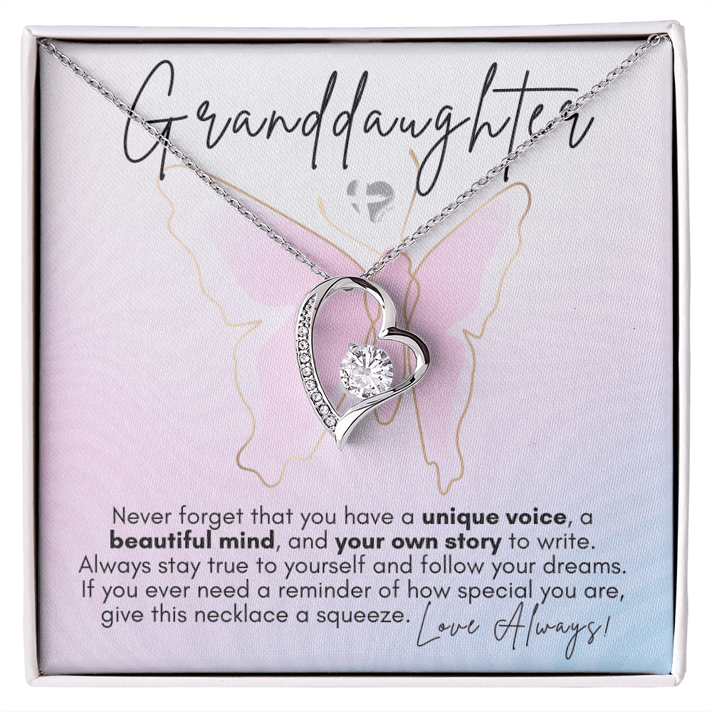 Granddaughter - Butterfly Theme - Forever Love Heart Necklace HGF#131FLb3 Jewelry 14k White Gold Finish Standard Box 