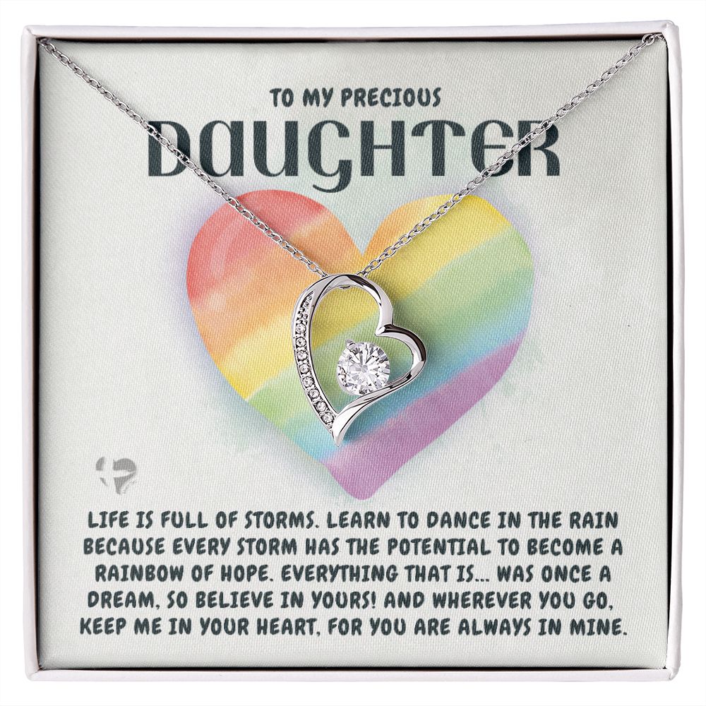 Precious Daughter - Storms Bring Rainbows - Love Heart Necklace HGF#199FL Jewelry 14k White Gold Finish Standard Box 