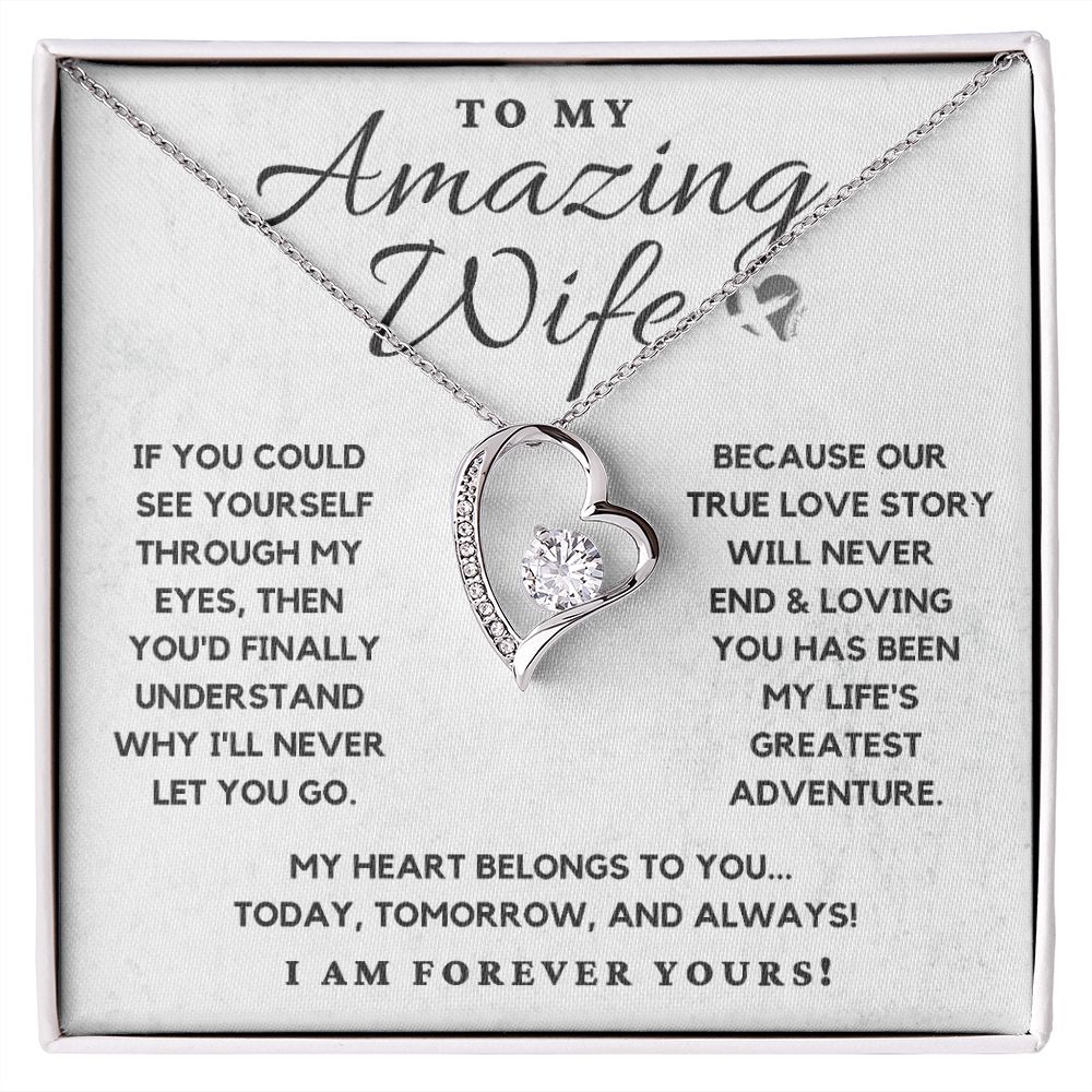 Amazing Wife - Our True Love Story - Forever Heart Necklace HGF#110v5 Jewelry 14k White Gold Finish Standard Box 