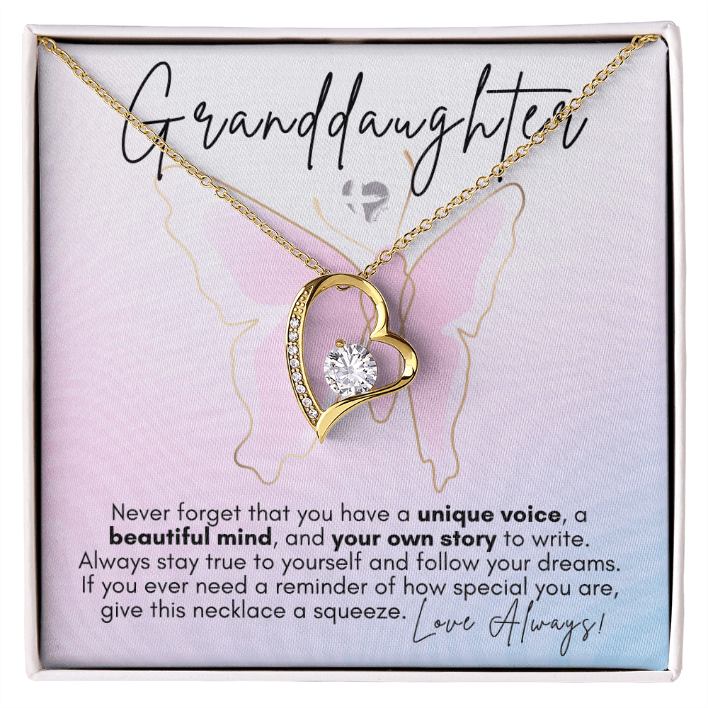 Granddaughter - Butterfly Theme - Forever Love Heart Necklace HGF#131FLb3 Jewelry 18k Yellow Gold Finish Standard Box 
