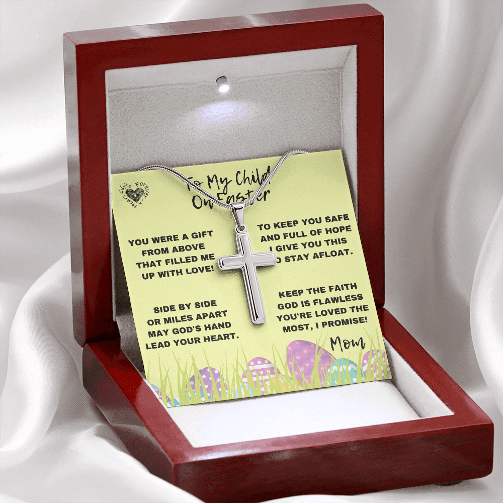 Silver Cross Pendant For Easter Custom Mahogany Style Luxury Box (w/LED) 