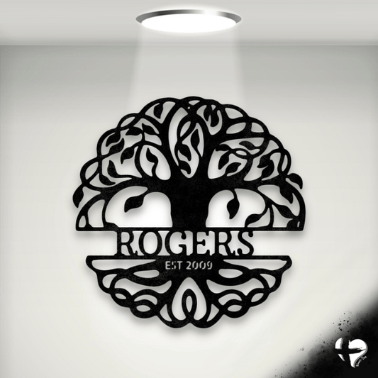 Fancy Tree of Life Monogram - Steel Sign Custom Black 12" 