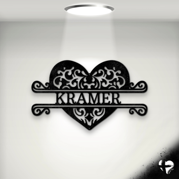 Fancy Heart Family Name Sign Custom Black 12" 