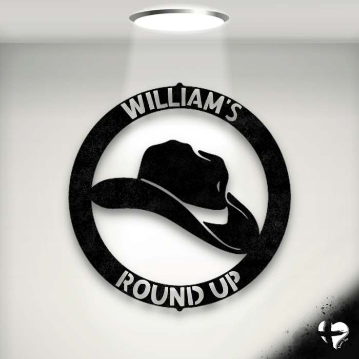 Cowboy Hat Round Name Sign Wall Art Black 12" 