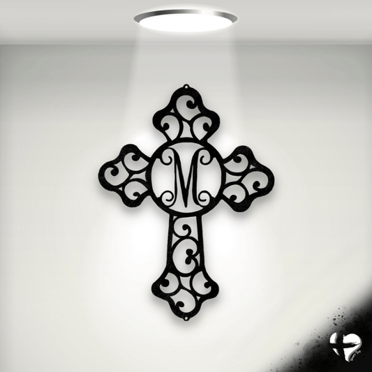 Family Initial In Cross Wall Decor Custom Black 12" 