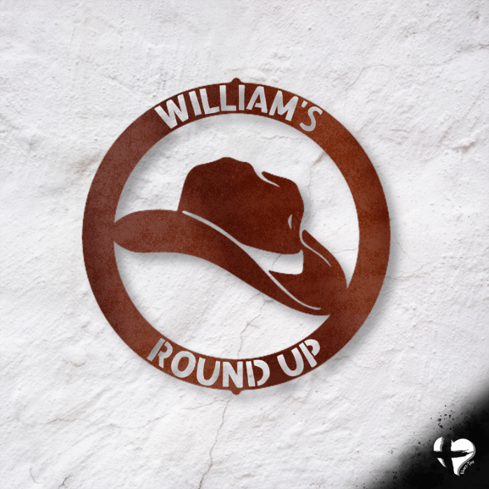 Cowboy Hat Round Name Sign Wall Art Copper 12" 