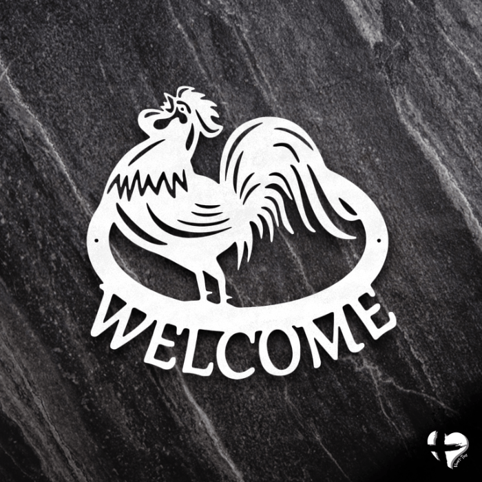 Welcome Rooster Steel Sign Custom White 12" 
